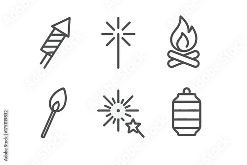 Line icons of bonfire, fireworks, sparklers, and lanterns  