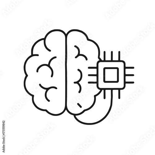 Brain with microchip connected by wires in minimal line art style  