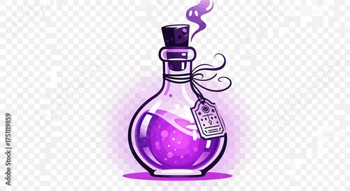 A whimsical cartoon illustration of a round glass bottle filled with a bubbling purple magic potion and a cork stopper.