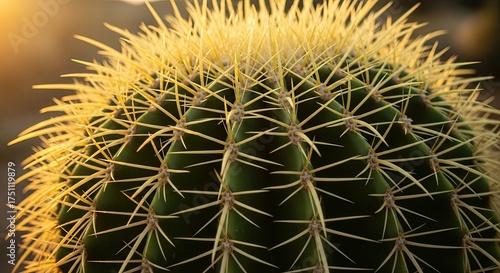 Golden Barrel Cactus with Sharp Yellow Spines in Golden Sunlight