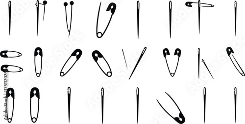 Sewing needles and safety pins silhouettes collection, tailoring tools vector artwork, fashion accessory illustration, textile stitching design elements, cad drawing flat vector illustration