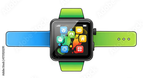 Smartwatch with application icons digital watch with colorful apps modern technology, wearable device