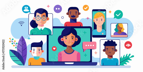 Diverse people participating in a virtual video call through laptops and mobile devices, representing online communication and connection