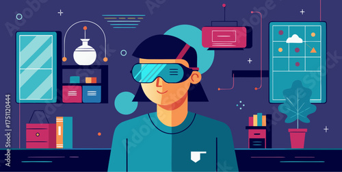 Young person using virtual reality headset in a colorful futuristic room filled with digital interfaces, books and tech elements