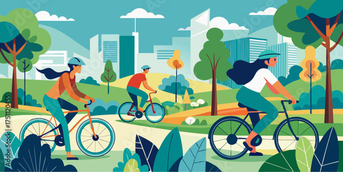 Group of people riding bicycles along a curved path in a green city park with trees and skyscrapers under a blue sky