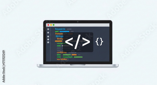 Laptop with program code coding, programming, software development, and web development concept vector