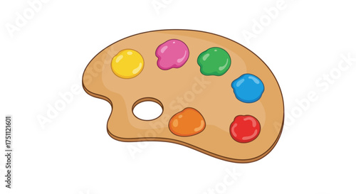 Wooden artist paint palette with colorful paints isolated.