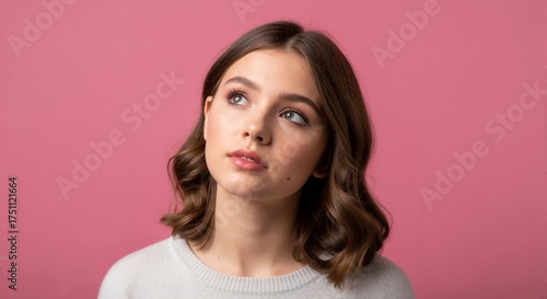 Thoughtful young woman looking up with a pensive expression. Portrait of a female model thinking on a pink studio background with copy space