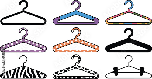 Collection of colorful clothes hangers in various designs and patterns