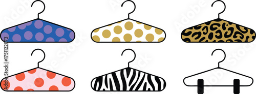 Colorful clothes hangers with different patterns and designs for clothing items