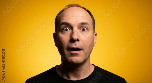 A headshot of a surprised man with a shocked facial expression. Middle-aged male with wide eyes and an open mouth against a vibrant yellow background with copy space