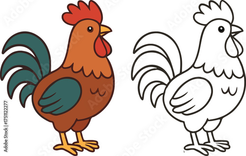 Cute cartoon illustration of a colorful rooster standing next to a black and white outline version for coloring
