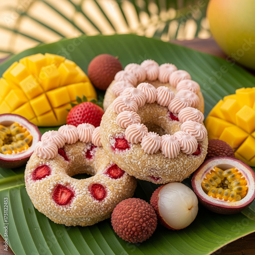 Exotic Tropical Fruit Donuts with Strawberry Cream and Mango on Banana Leaf