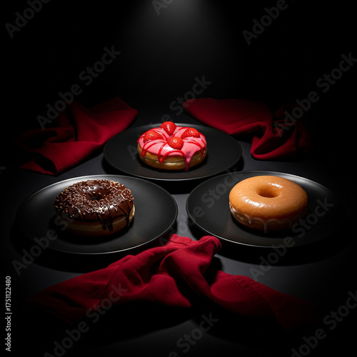 Dramatic Low-Key Display of Three Gourmet Assorted Donuts on Black Plates