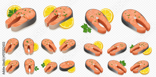 Salmon steaks with lemon slices, arranged in a grid pattern on a transparent background.