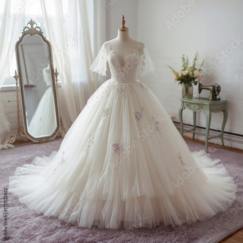 Fairytale Ballgown Wedding Dress with Tulle Skirt and Floral Accents in a Bright Studio