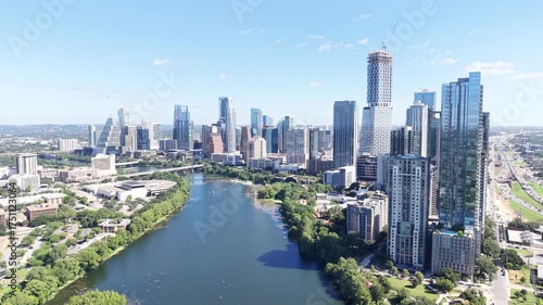 A stunning bird's-eye drone view captures the dynamic Austin, Texas, skyline, affectionately known as the 