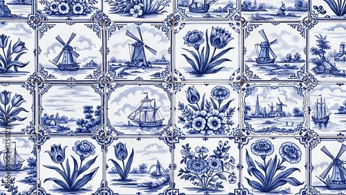 Blue White Tile Background with Windmills and Ships Decorative Design