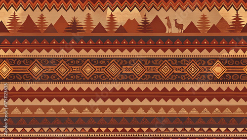 Andean Alpaca Stripe Pattern, Peruvian mountain textile with llamas and geometric diamonds in terracotta and ochre, seamless indigenous woven background for fabric, wallpaper, apparel and home decor