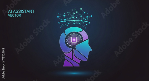 Ai assistant vector illustration featuring a futuristic human head with a halo of connected nodes, representing artificial intelligence