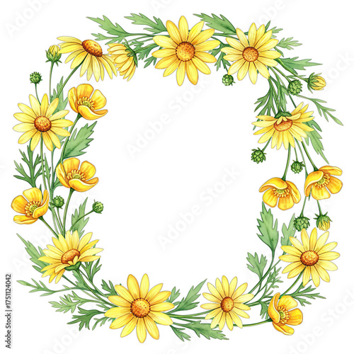 A vibrant wreath composed of watercolor yellow daisies blooms, each petal meticulously painted, showcasing nature's delicate beauty in a captivating floral design. 