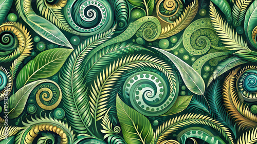 Maori Koru Spiral Pattern, New Zealand fern frond swirls in emerald green and teal, Polynesian botanical seamless background for textile, wallpaper, fabric prints, wrapping paper and home decor