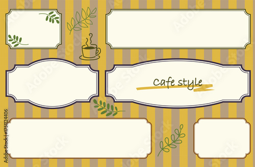 カフェ風の額縁風フレームと手描きリーフとコーヒーのイラストセット