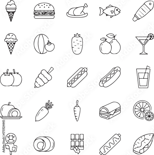 Collection of Food and Drink Icons in Outline Style ice cream cone burger