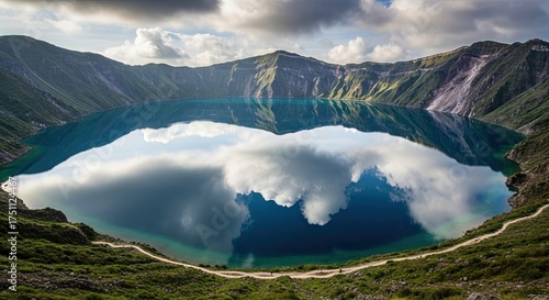 Stunning Crater Lake Reflecting Clouds Under Bright Sunlight