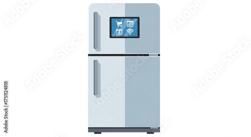 Smart refrigerator with display screen, concept of modern kitchen appliance and technology