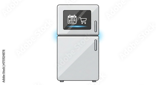 Smart refrigerator with calendar and shopping cart icon, concept of modern kitchen appliance