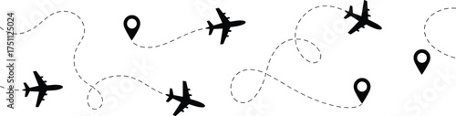 Airplane travel route illustration, flight path with dotted line, airplane icons and location markers, aviation concept, travel background design, journey map