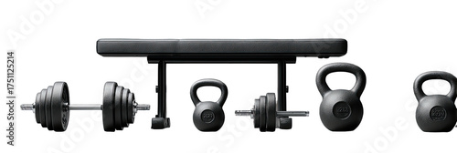 A collection of gym equipment featuring a weight bench, dumbbells, and kettlebells against a black backdrop