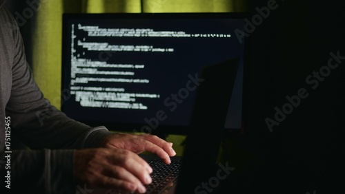 Programmer coding AI algorithms under purple light ambience, programmer enhancing machine intelligence systems, programmer innovating tech solutions precisely, great for AI development adv campaigns