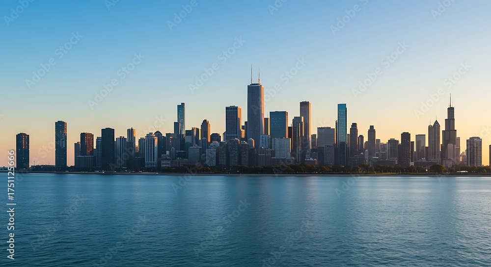 Naklejka premium Panoramic view of a modern city skyline at sunset, with tall skyscrapers reflecting the warm golden light over a calm body of water