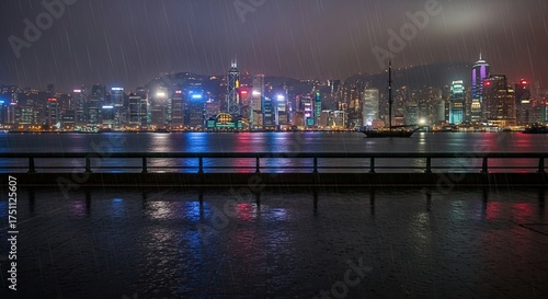 Rainy Night Cityscape Overlooking Water with Reflections