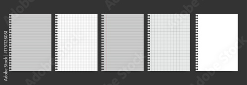 Set of spiral notebook paper templates with lined, grid, and blank pages on dark background