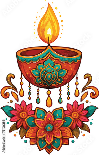 Teal and Orange Ornate Hanging Diya