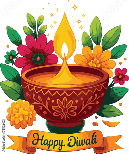 Floral Diya on Happy Diwali Ribbon Banner