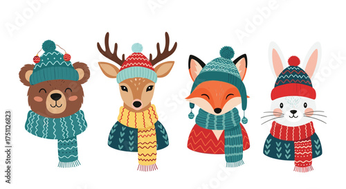 Charming woodland creatures wearing cozy winter hats and scarves.