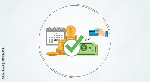 Illustration of financial transaction with money, credit card, and calendar, representing payment, investment, or financial planning