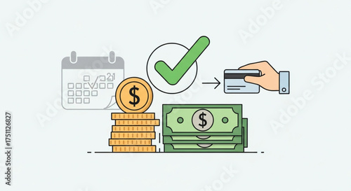 Financial transaction illustration with money, credit card, and calendar, representing payment, investment, or financial planning