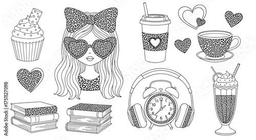 Cute kawaii dessert and drink illustrations with hearts and bows.