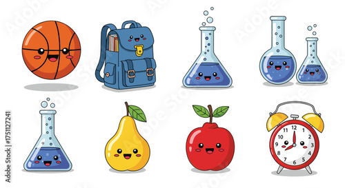 Cute cartoon school supplies and objects with happy faces for children's education.