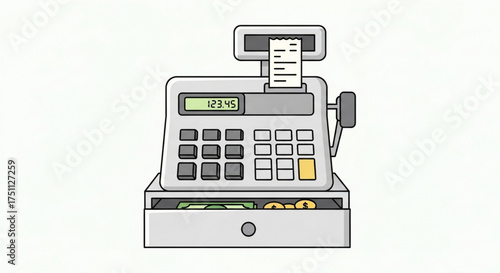 Cash register with receipt financial transaction, payment, and point of sale concept cartoon illustration