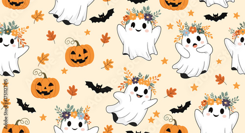 Adorable cute ghost characters with floral wreaths and jack o lantern pumpkins on a pastel background.