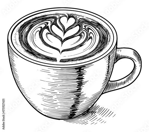 Engraving Vintage Style Coffee Drink Cup with Latte Art Heart Design Black and White Outline Line Art Drawing