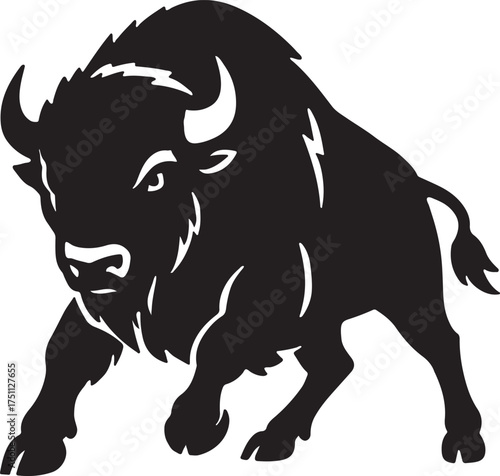 Black silhouette of a charging bison isolated on white background