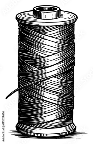 Vintage Spool of Thread Sewing Equipment Black and White Outline Line Art Drawing Engraving Style Isolated Object