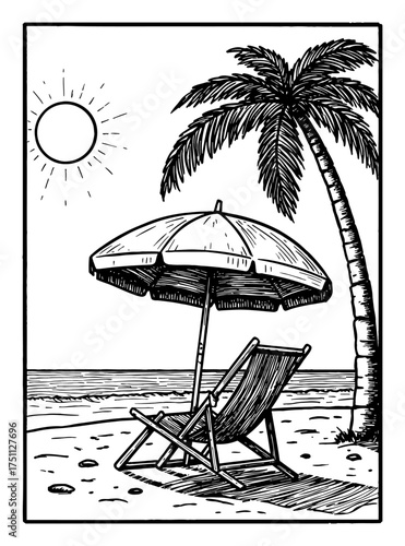 Detailed Beach Landscape with Chair Umbrella Palm Tree and Sun Black and White Outline Line Art Drawing
